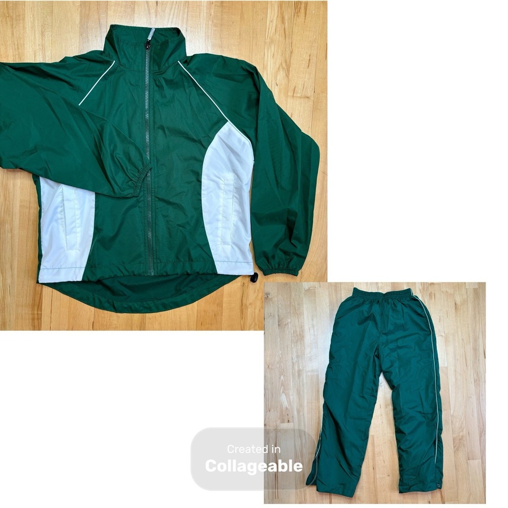 Y2K Windbreaker Tracksuit Youth Medium Green Set Pants Jacket Retro Cheer Warm